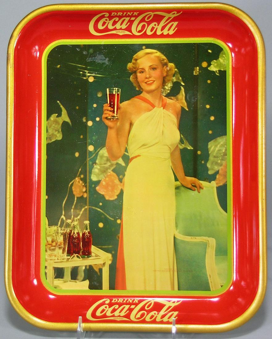 Drink Coca-Cola Madge Evans Serving Tray: 1935, made by American Art Works, Inc. Cochocton, O., 10 1/2" x 13 1/4", retains good color