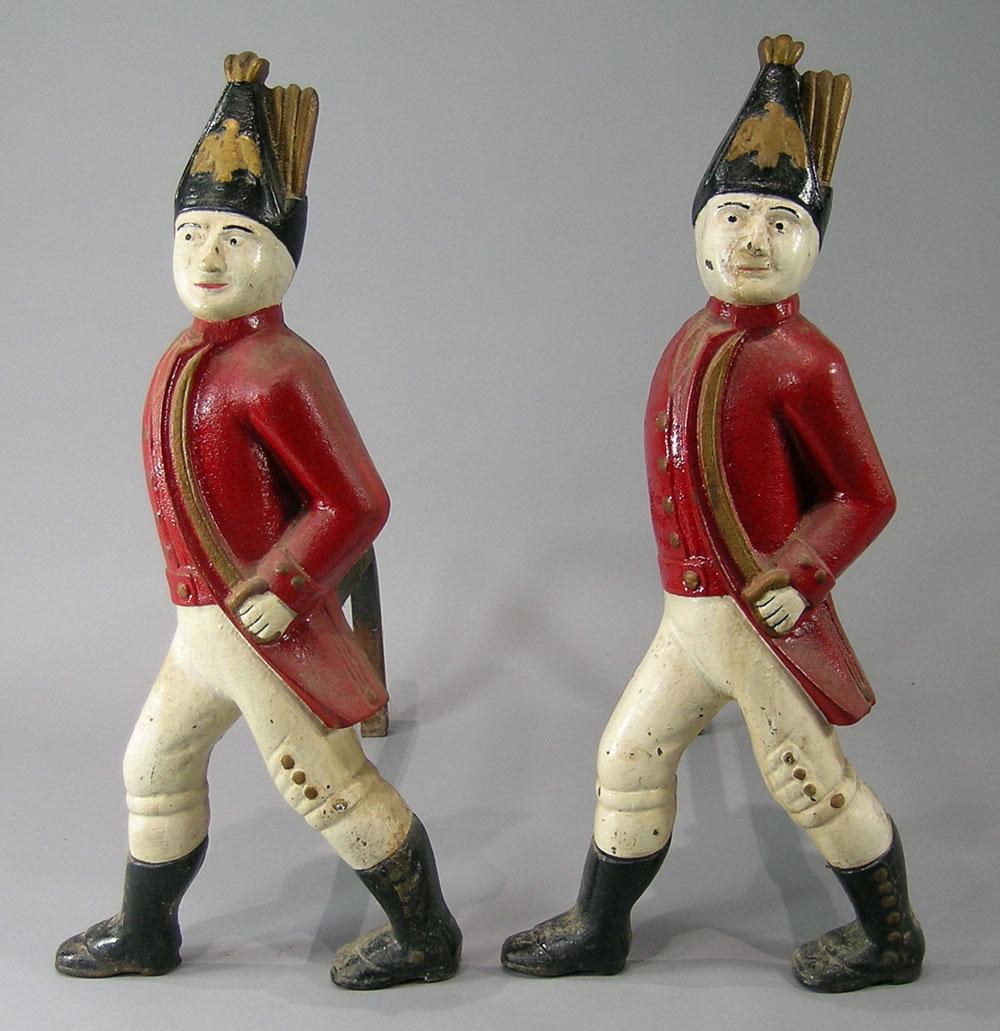 Pair of Antique Hessian Soldier Cast Iron Andirons: facing left, in what appears to be all original paint, each being 20" high