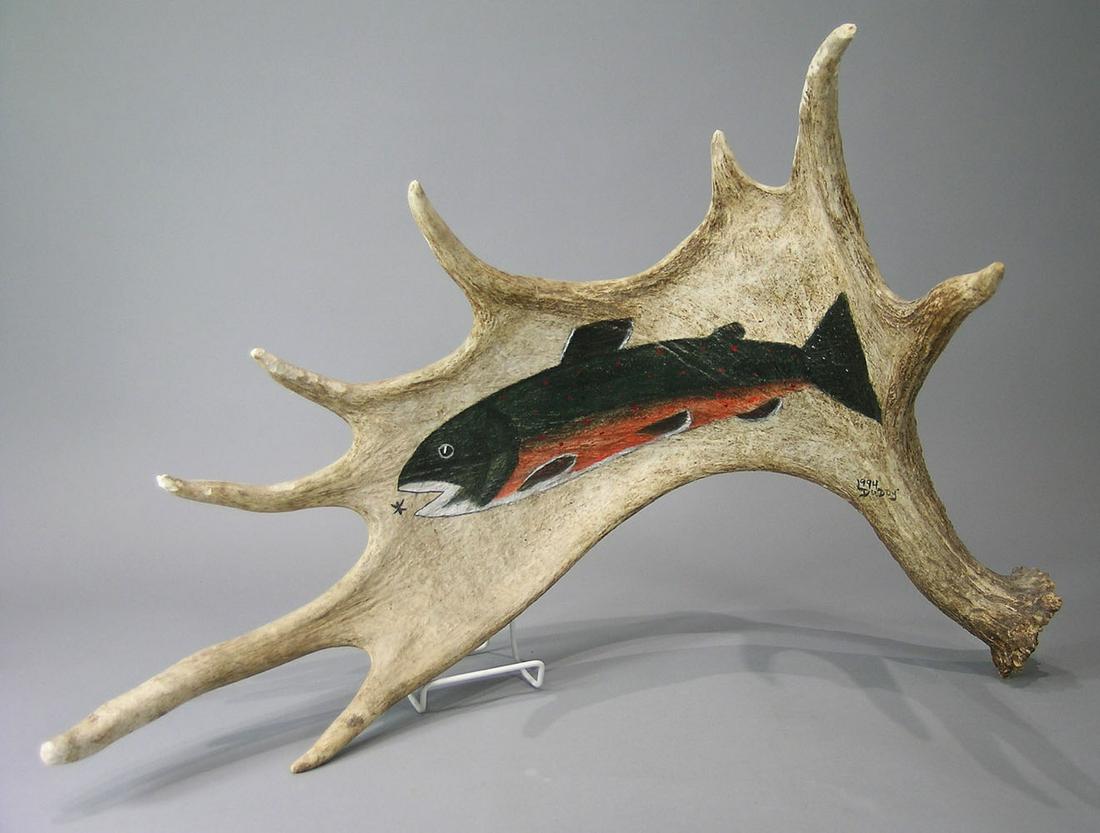 Contemporary Folk Art Painted Moose Antler: decorated with a Rainbow Trout going after a fly, 25" x 21", signed DUDDY and dated 1994 lower right