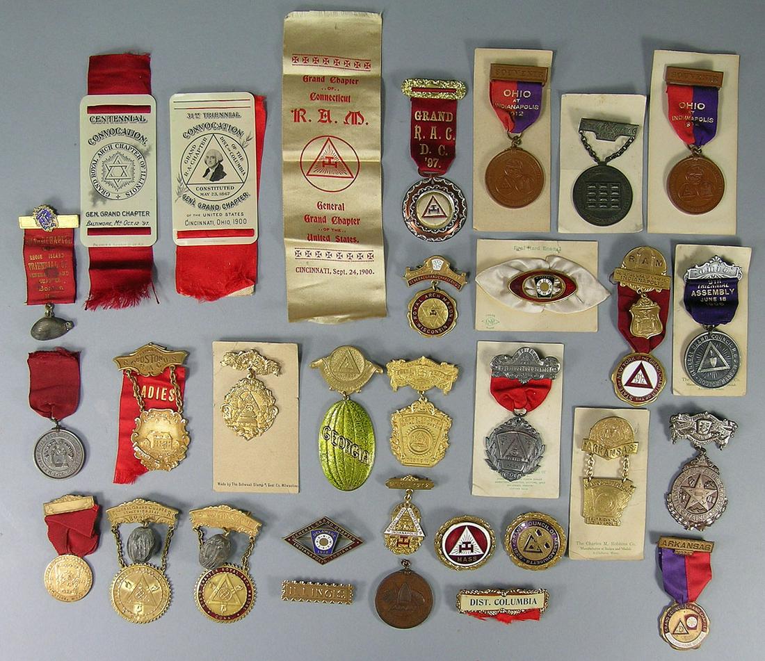 Collection of 26 Early 20th C. Masonic Grand Chapter: from various states, many from the General Grand Council in Indianapolis 1912, various sizes and materials. Also included in the lot are two state pinbacks and four ribbons