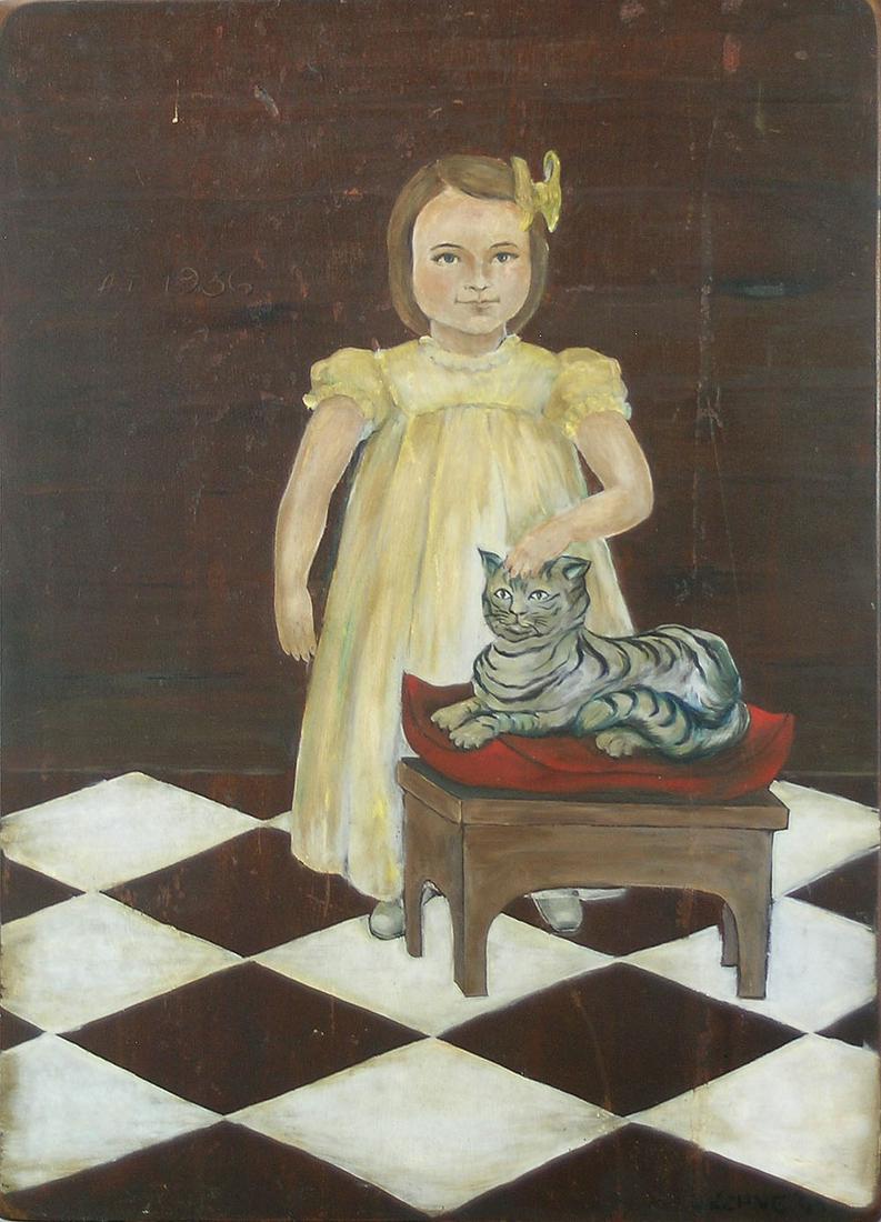 N. Kehne, (American, 20th C.): oil on panel, Folk Art painting depicting a young girl petting a cat, 24" x 17 1/4", dated "A.D. 1936" upper left and "65" lower right, unframed.