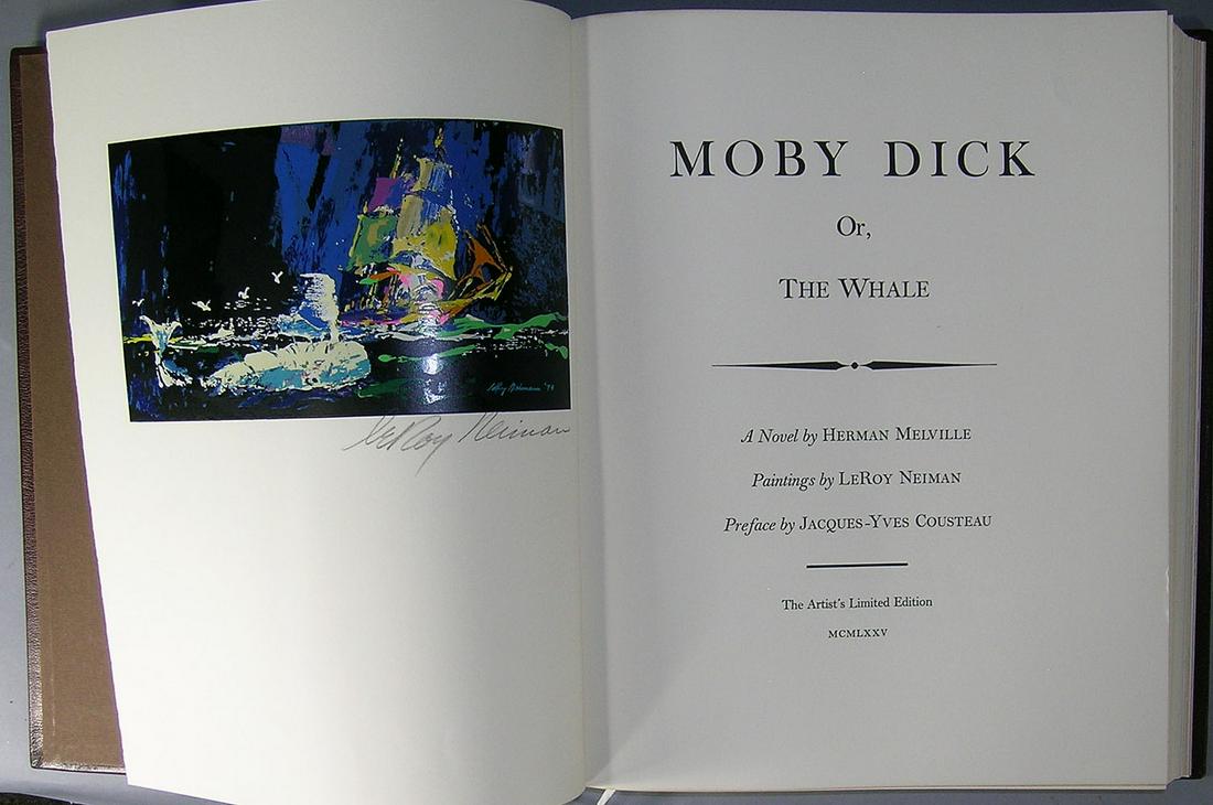 Leroy Nieman, (American, 1921-2012): one volume, titled MOBY DICK Or, THE WHALE, by Herman Melville, The Artists Limited Edition 897/1500, 1975, illustrated throughout and signed opposite the title page by Leroy Nieman, with Preface by a