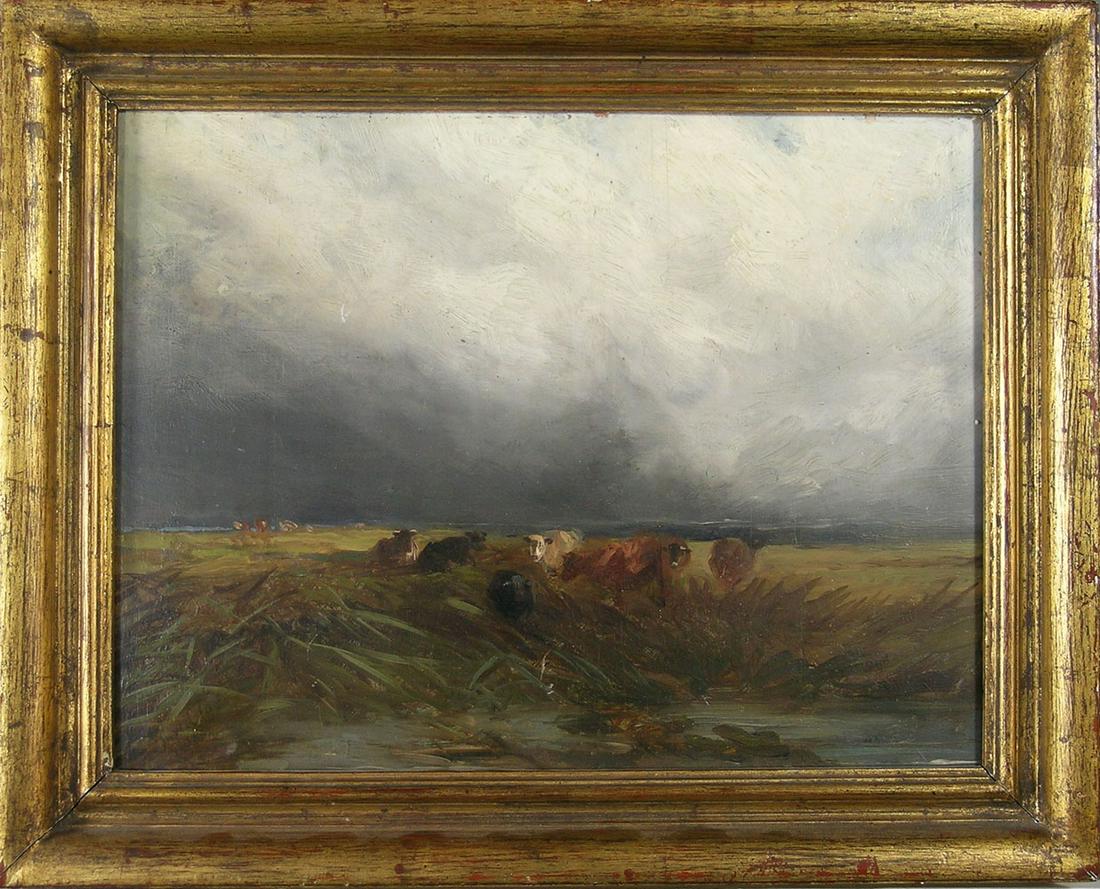 David Cox The Younger, (British, 1808-1885): oil on panel, titled on reverse "The Coming Storm", depicting cattle in a field near a pond with a storm brewing on the horizon, 11" x 14", signed David Cox and dated 1854 lower left, also signed, tit