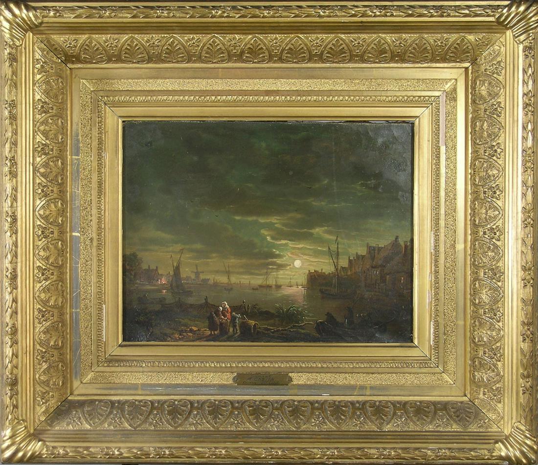 A. Chatith, (Dutch, 18th/19th C.): oil on canvas, titled SUNSET, depicting a harbor scene with boats, buildings and figures at sunset, 9 1/2" x 12 1/2", artist identified on a brass plaque on 19th C. gilt frame, frame size 18 3/4" x 21