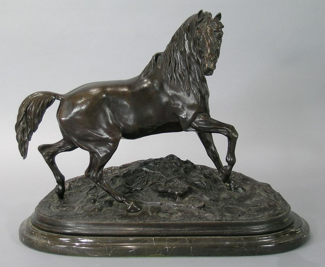 After Pierre Jules Mene: patinated bronze sculpture depicting a prancing horse, signed P.J. Mene front left on the naturalistic oval base, raised on a conforming brown marble plinth, 15 1/4" L, 7 1/4" W, 12 1/8" H overall