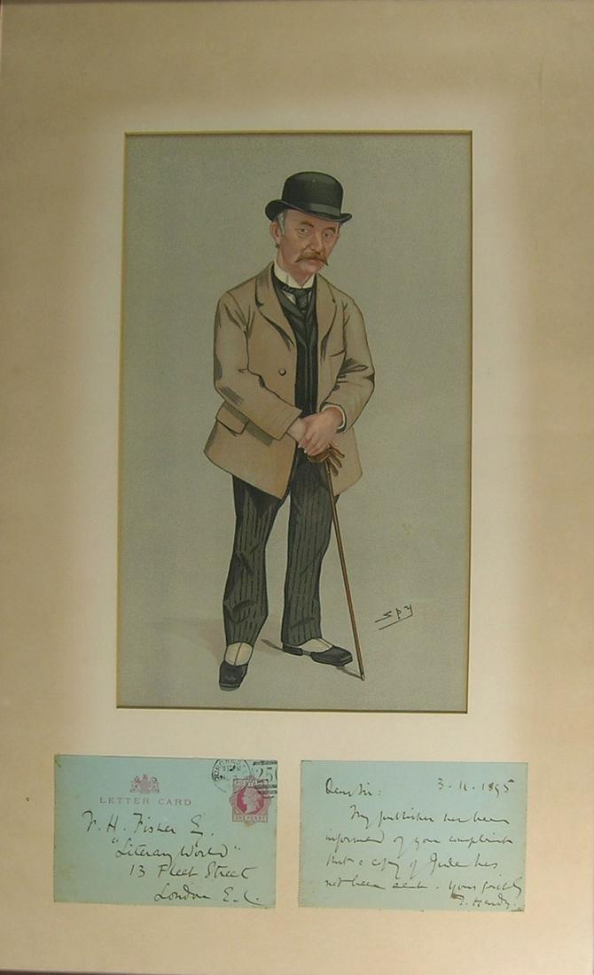 Thomas Hardy Autographed Letter Card: being a note written to a J.H. Fisher at Literary World, dated 3.11.1895, framed together with a SPY print of a well dressed man in a bowler hat, frame size 14" x 22 1/4"