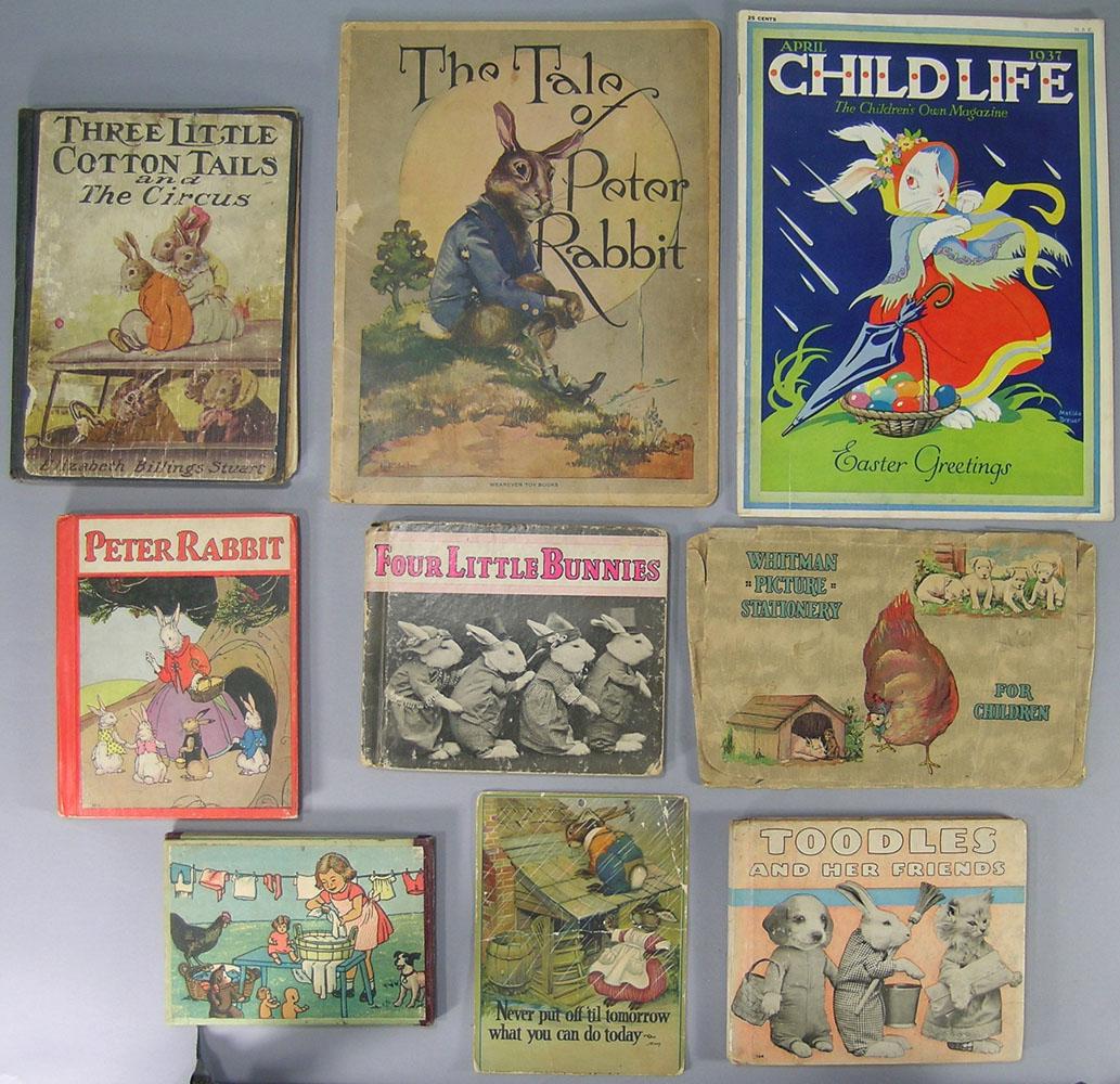 Twelve Vintage Children's Animal Related Books, etc.: most bunny rabbit related, comprising three related to Peter Rabbit, Four Little Bunnies, Three Little Cotton Tails and The Circus, Whitman Picture Stationery, Child Life Magazine April 1937, Tommy's 