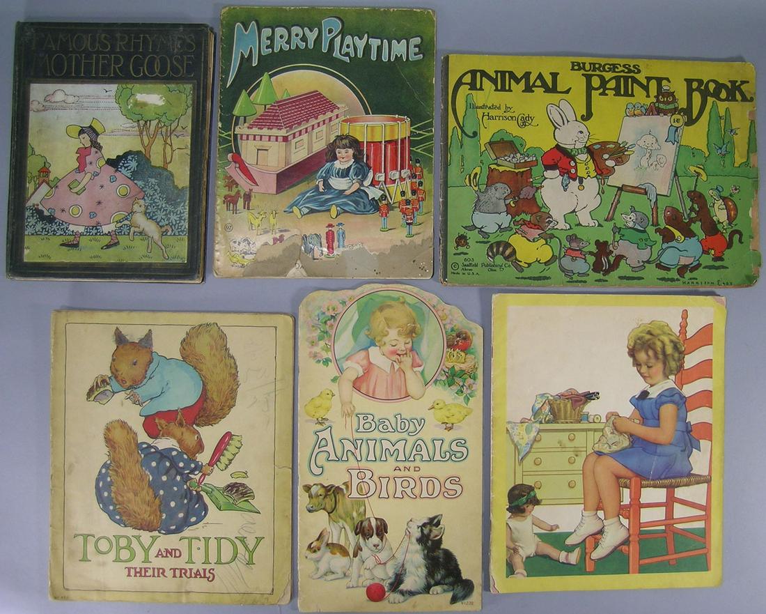 Six Antique and Vintage Children's Books: comprising Toby And Tidy Their Trials, Baby Animals and Birds, Shirley Temple, Merry Playtime, Burgess Animal Paint Book and Famous Rhymes Mother Goose.