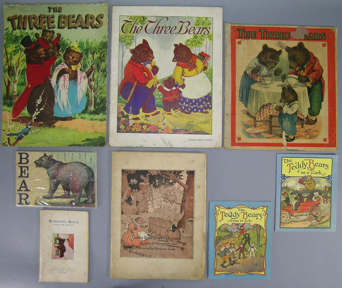 Ten Antique and Vintage Children's Teddy Bear Ephemera: comprising a BEAR puzzle, 7 booklets including Romantic Bears, The Teddy Bears Come To Life, The Teddy Bears ON A Lark, 3-The Three Bears and Cubby Bear and His Friends, along with 2-pcs. Of sheet mus