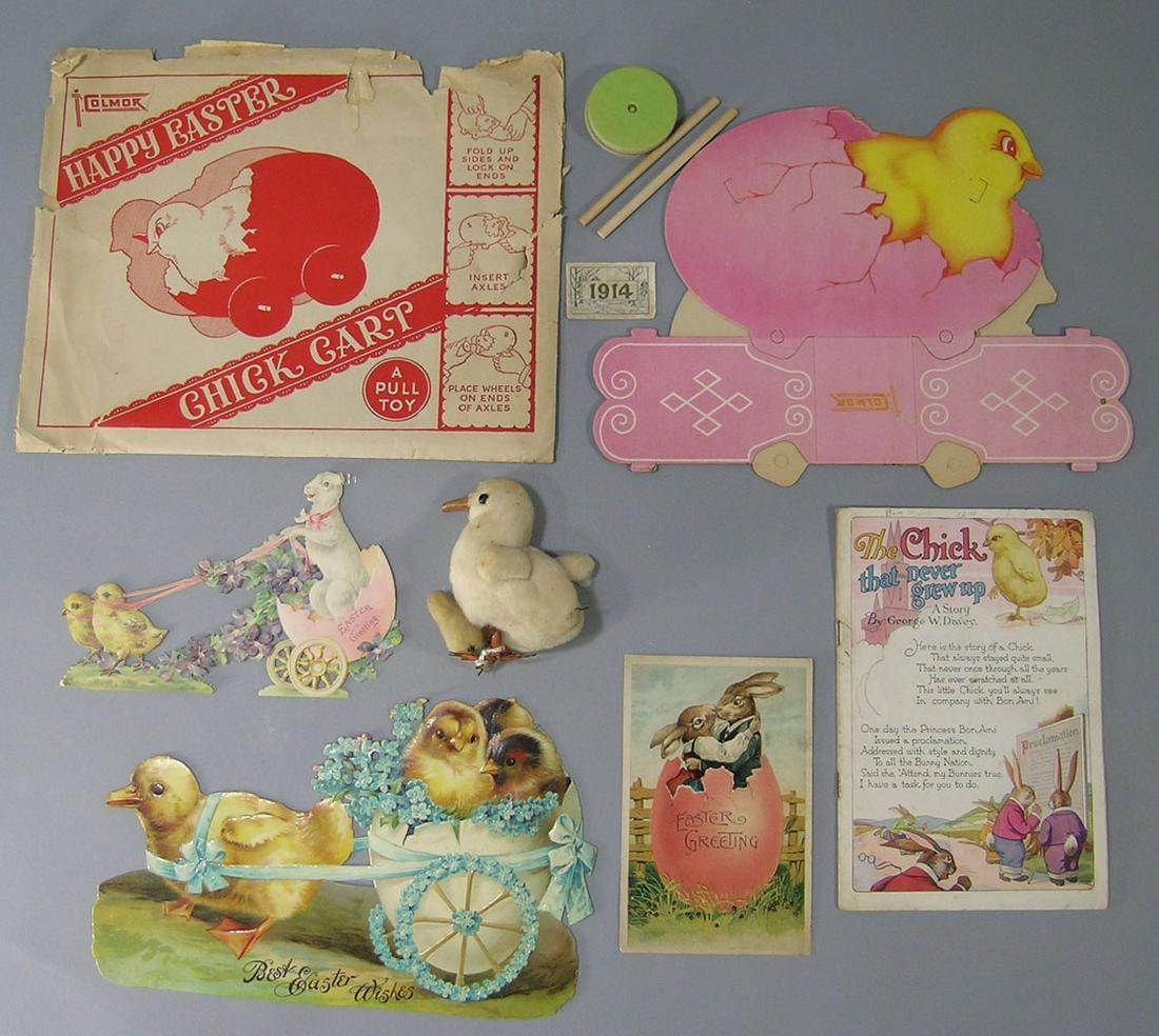 Collection of Antique and Vintage Easter Related: comprising a Happy Easter Chick Cart Pull Toy in original envelope, a booklet The Chick That Never Grew Up, Easter Greeting Postcard and three Easter Decorations.
