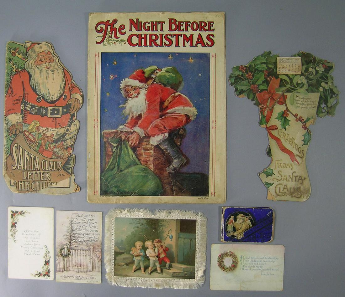 Collection of Antique and Vintage Christmas Ephemera: comprising 5-booklets, a small Santa Claus autograph album, 3-double sided cards, 3-postcards and a 1914 Calendar Stocking. Accompanying this lot are 2-small replica booklets.