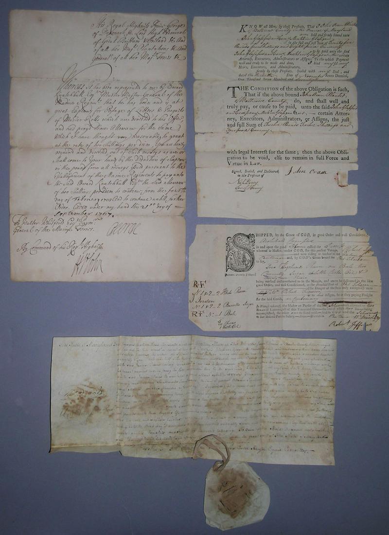 Collection of Seven 18th C. Documents: including a ships manifest for Rum, Sugar, etc. dated 15 March 1707; a ledger page dated 1774 for purchases of Mr. George Gray; a financial obligation from Baltimore County in the Province of Maryland