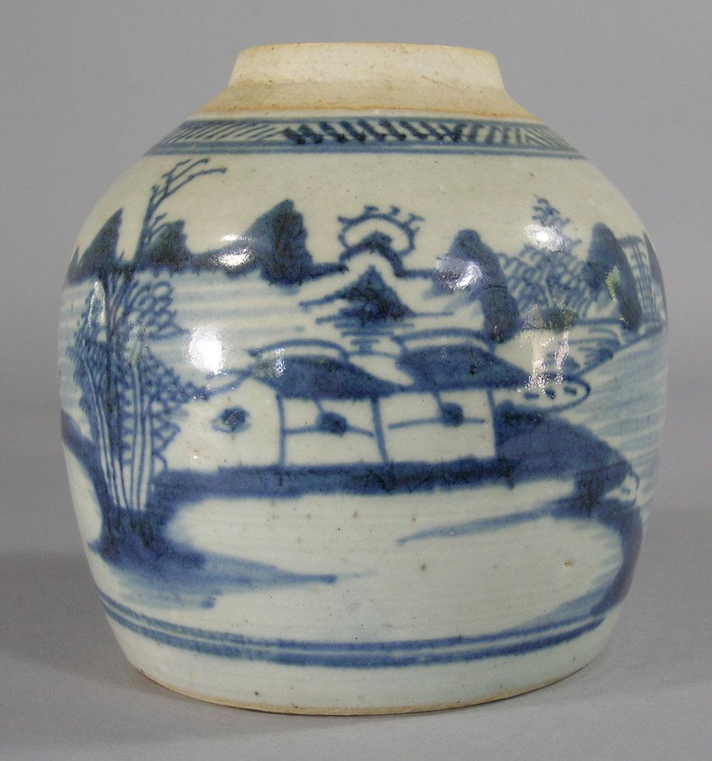 Chinese Celadon Ginger Jar: having overall cobalt landscape decoration, 6 1/2" H.