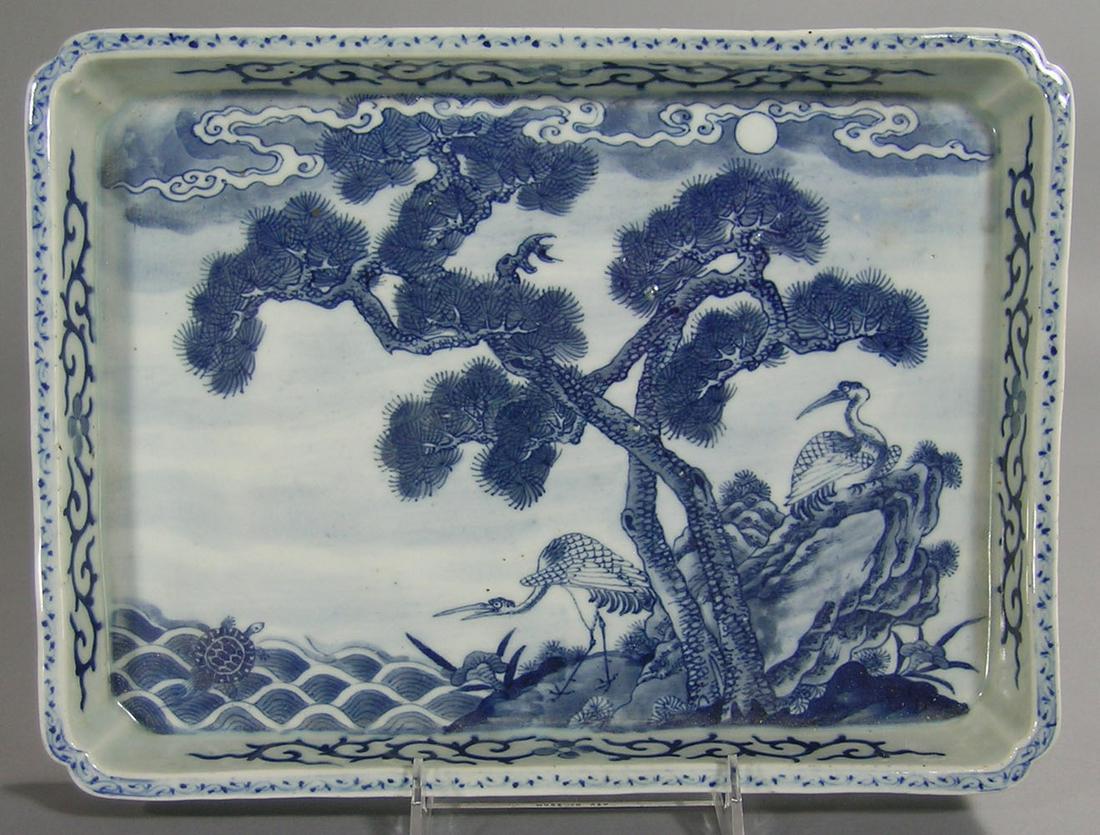 Japanese Footed Tray: having landscape decoration with trees, two storks and a swimming turtle, 9" x 12" x 1 5/8" H.