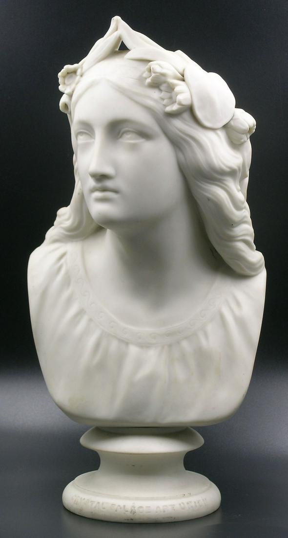 WILLIAM CALDER MARSHALL, (ENGLISH, 1813-1894): Copeland Parian bust depicting 'OENONE', having the inscription for the Crystal Palace Art Union, 12" high. Note: Bearing a sticker for Skinners Auction