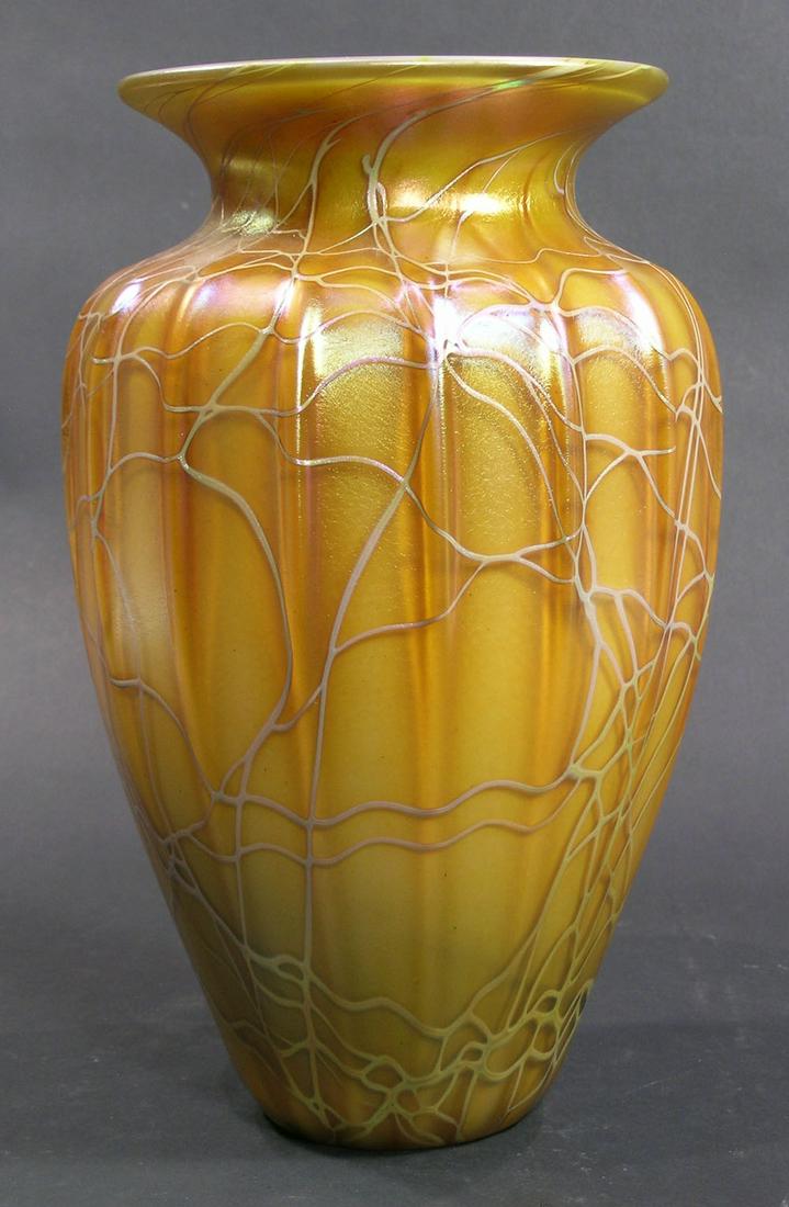 STUART ABELMAN ART GLASS VASE: heavy ribbed tapering cylindrical form with random gold web design, signed Abelman, 11 3/4" high