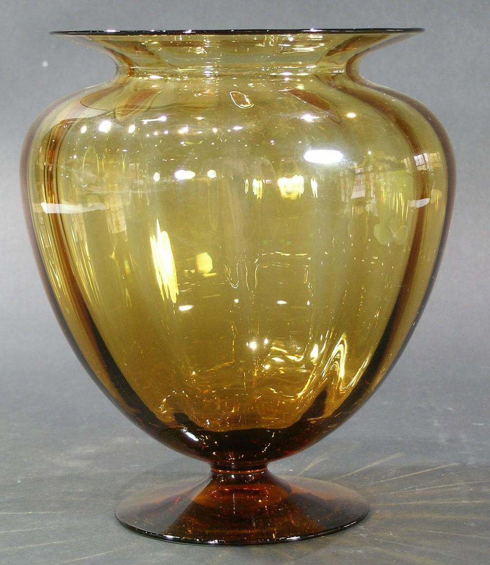 RIBBED OPTIC FOOTED VASE: probably Steuben, amber glass, polished pontil, 6 1/2" dia., 7 5/8" high.
