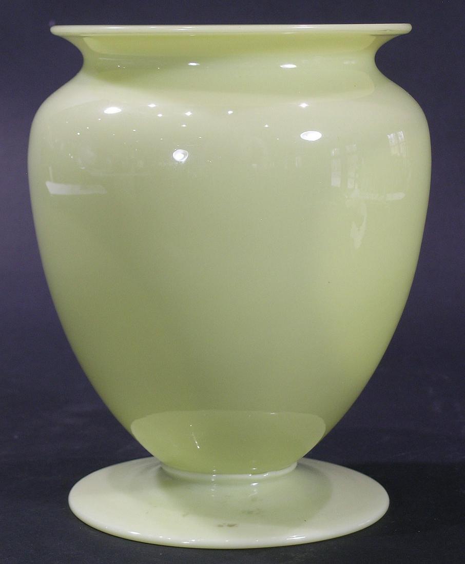 STEUBEN ART GLASS VASE: possibly style 938, Ivorene, having a sticker in the polished pontil for H.H. Batties Flowers, Phila., 7 1/8" high