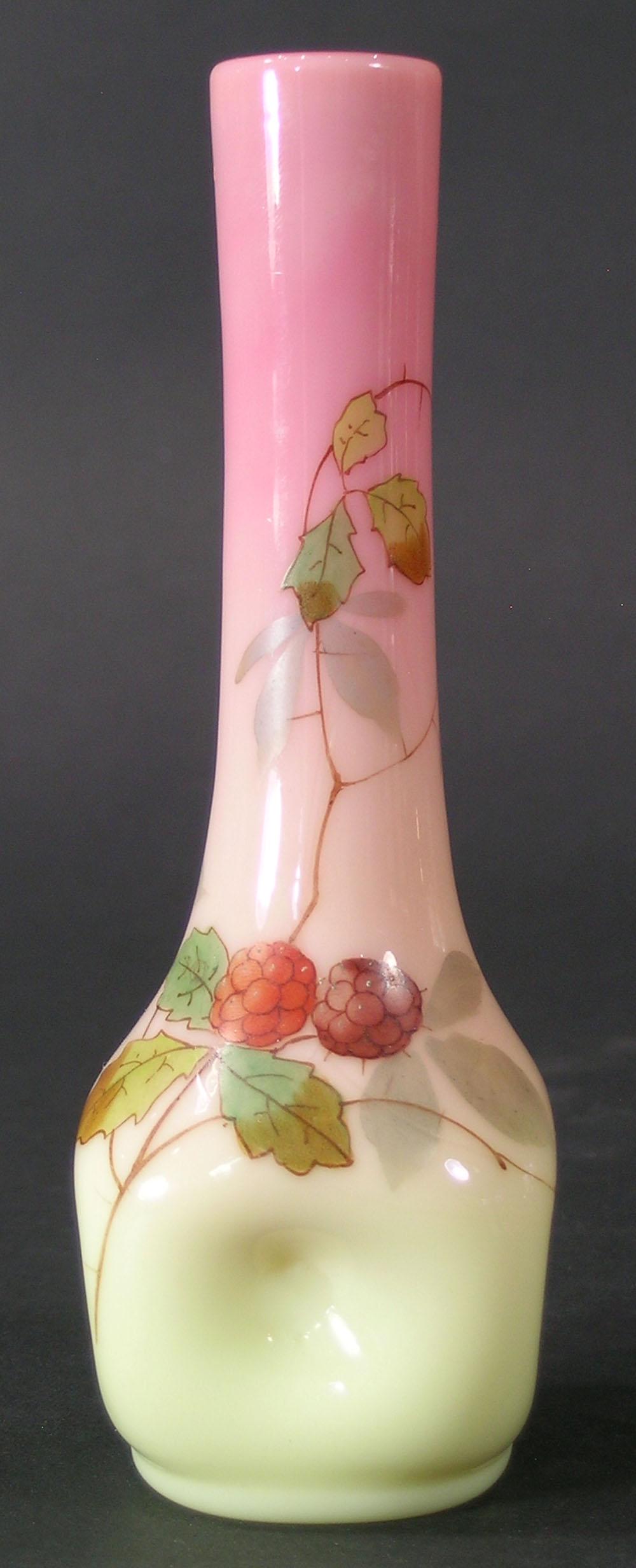 THOMAS WEBB PINCH BOTTLE BUD VASE: having hand painted blackberry and leaf decoration, 6"