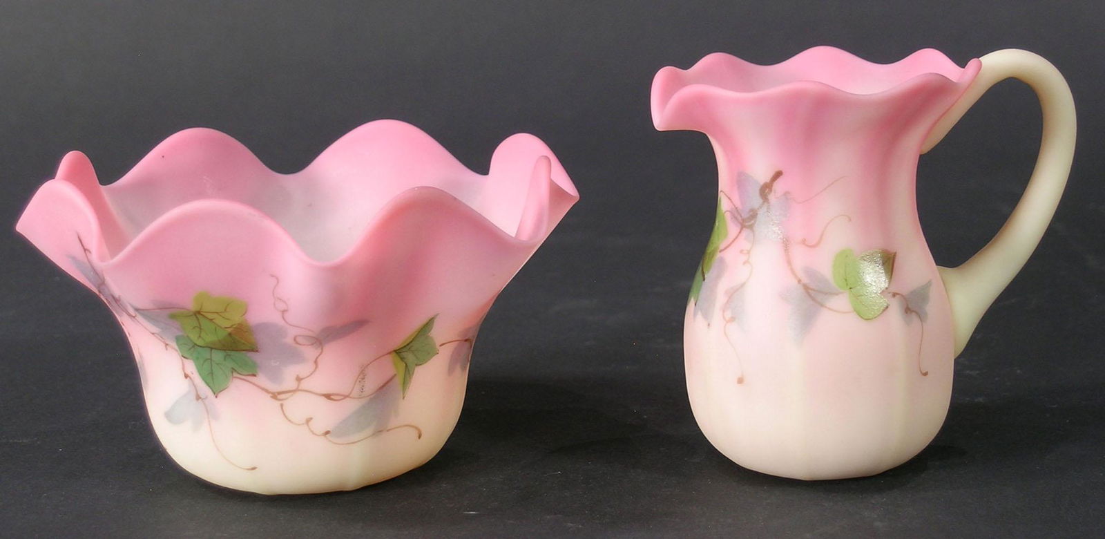 THOMAS WEBB BURMESE RIBBED SUGAR BOWL AND CREAMER: having matching hand painted decoration, sugar bowl 2 1/2" high, 4 1/4" dia., creamer 3" high