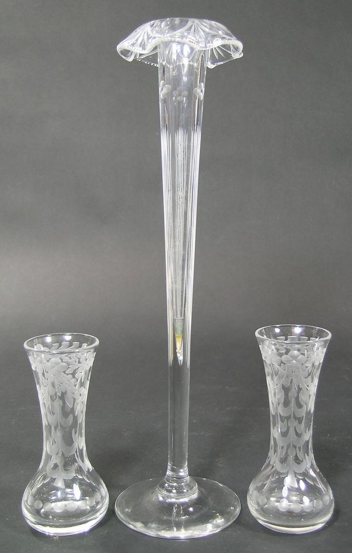 THREE PAIRPOINT CUT GLASS VASES: comprising a pair of miniature vase shaving engraved bellflower and leaves decoration, 4 1/2" high, and a tall bud vase, 11 3/4" high