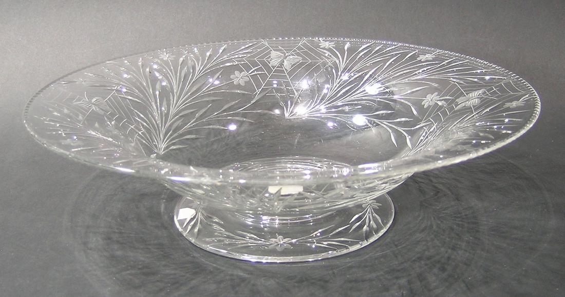 GUNDERSEN PAIRPOINT CUT GLASS FOOTED BOWL: Colias design, with spider web, butterfly, floral and leaf decoration, 12" dia., 3 1/2" high