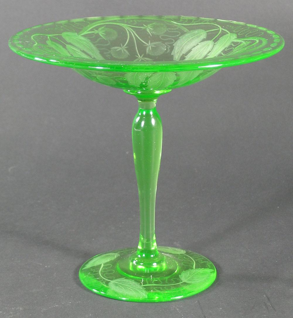 PAAIRPOINT #A-294 CUT GLASS COMPORT: Green color, Blackberry design, 6 1/2" dia., 6 1/8" high