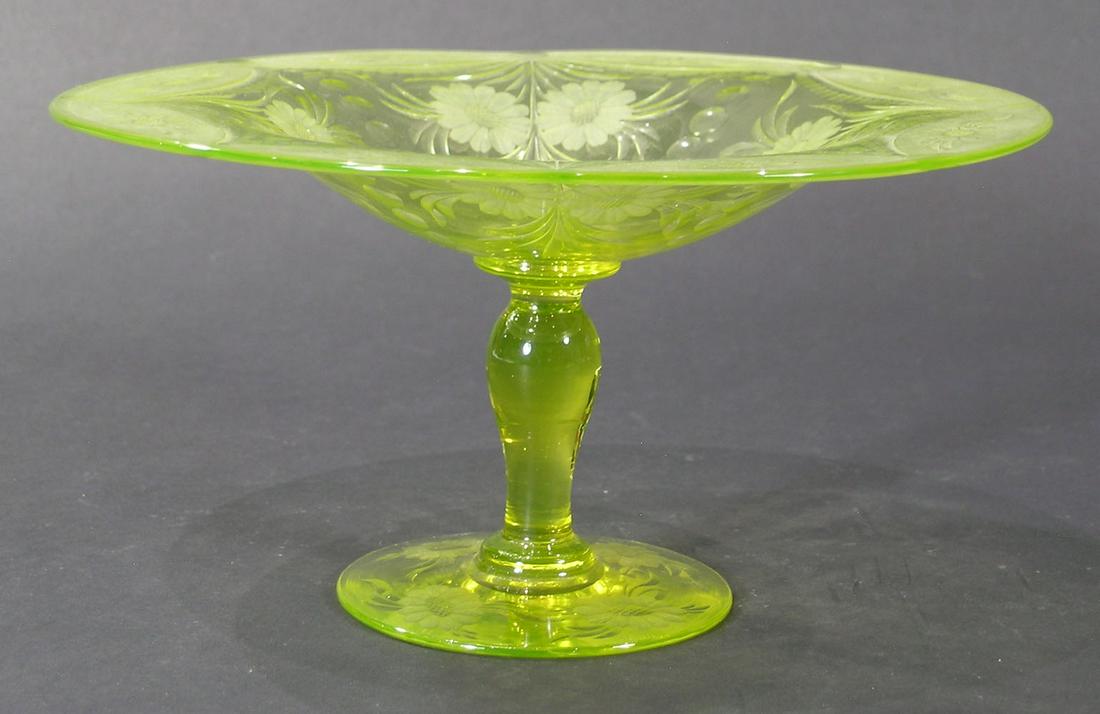 PAIRPOINT #A-228 THOMAS CONNELLY DECORATED CUT GLASS: Canaria/Vaseline, with Wickham design, signed TC for Thomas Connelly on underside of base, 7 3/4" dia., 4" high