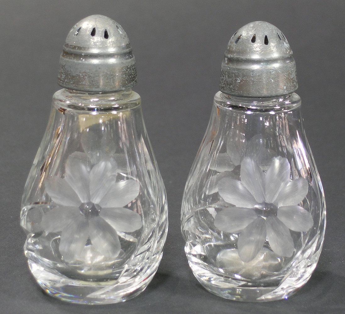 PAIRPOINT CUT GLASS SALT AND PEPPER SHAKERS: floral and leaf decoration, metal tops, each 3 3/4" high