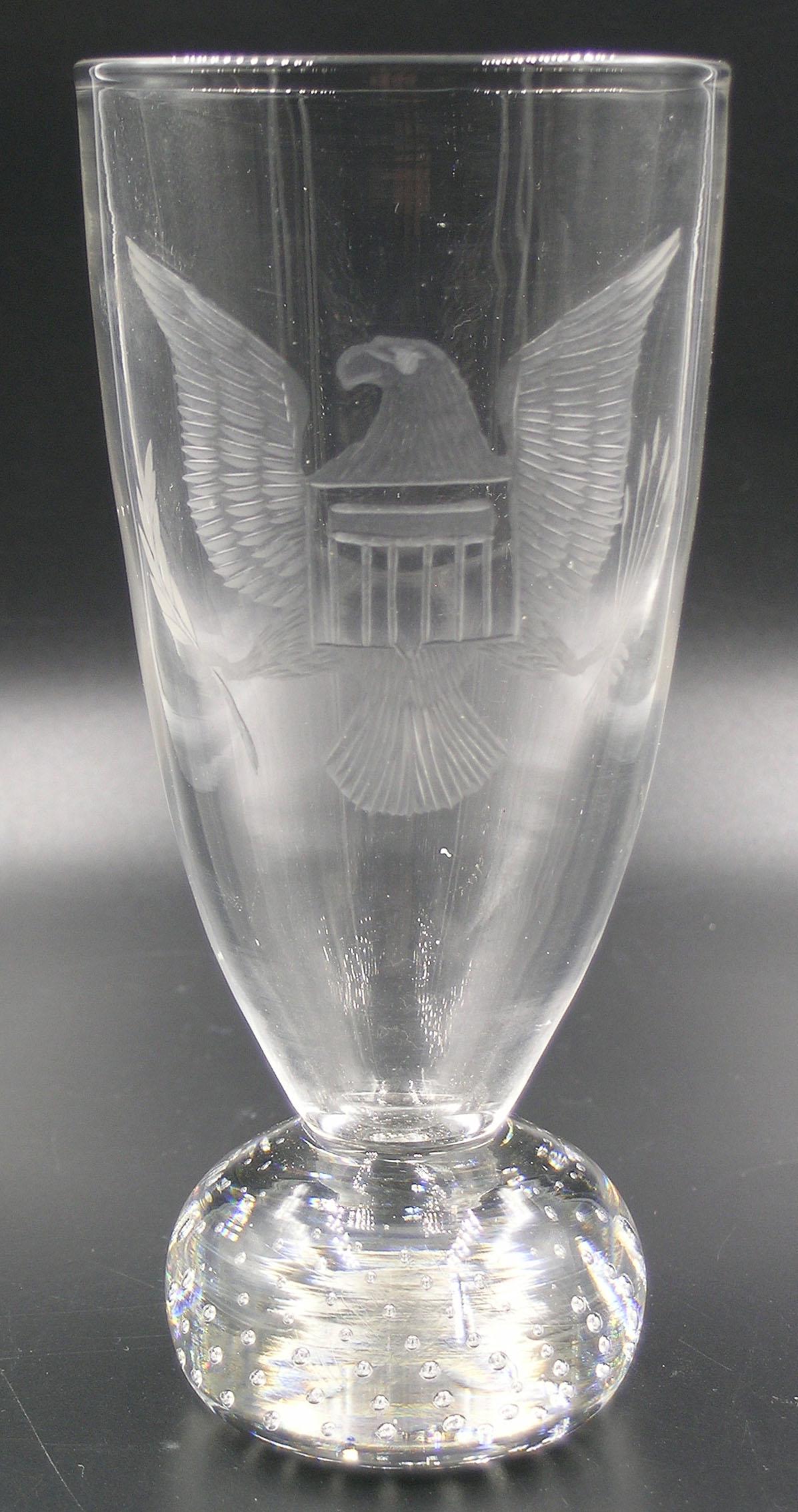 PAIRPOINT ETCHED GLASS WATER GOBLET: having an etched American Eagle with central shield, on a bubble ball base, 6 3/8" high