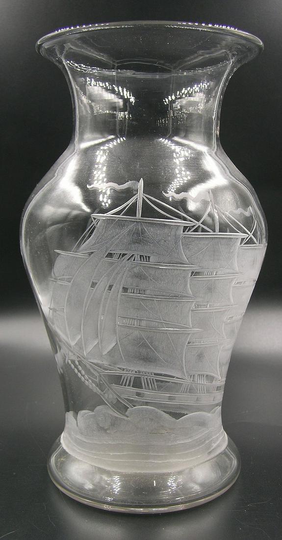 PAIRPOINT THOMAS CONNELLY DECORATED ETCHED GLASS VASE: having an etched three masted sailing ship, signed TC for Thomas Connelly, 9 1/8" high