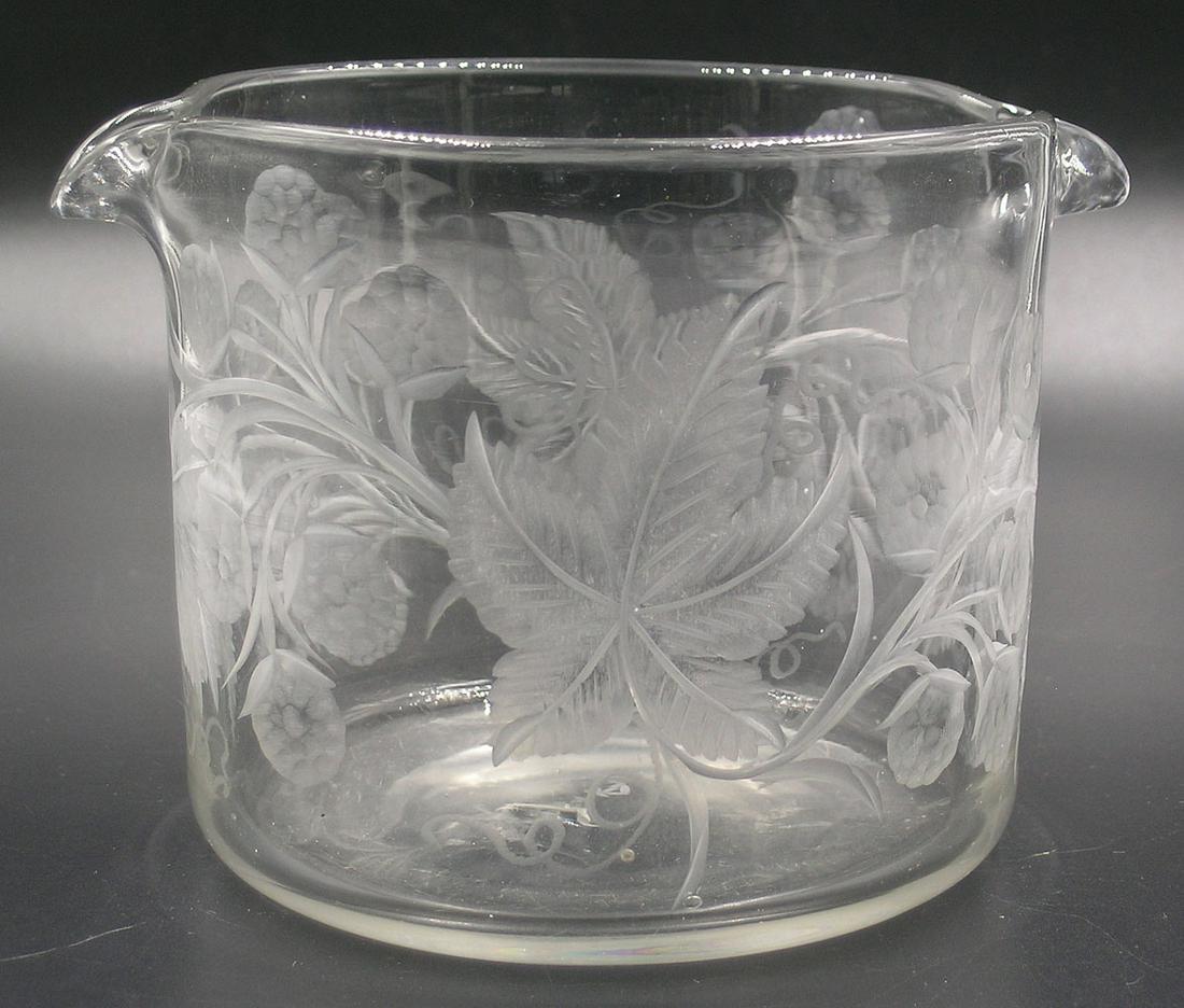 PAIRPOINT THOMAS CONNELLY DECORATED ETCHED GLASS WINE: having Blackberry vine design, 4 1/2" dia., 4" high, etched monogram TC on underside