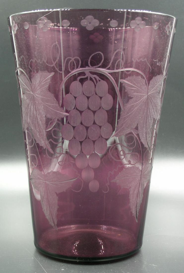 POAIRPOINT #1158 ETCHED GLASS VASE: Amethyst, having overall etched Grapevine decoration, 6" dia., 8 1/2" high