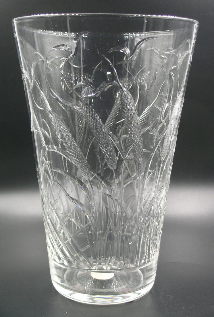 GUNDERSEN PAIRPOINT #1158 CUT GLASS VASE: decorated with cattails and seagulls, 6 1/2" dia., 9 3/4" high, having a Gundersen Masterpiece label affixed to the underside