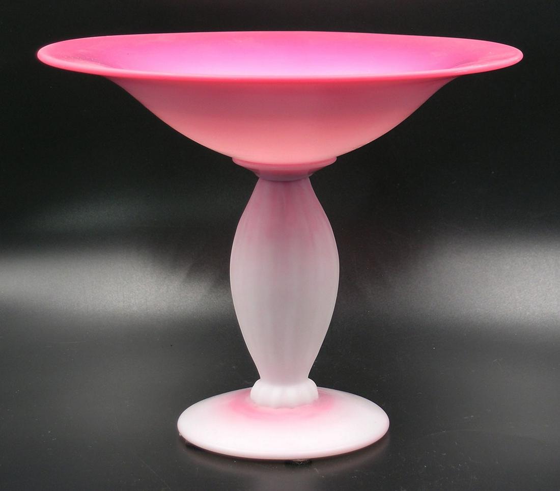 PAIRPOINT PEACHBLOW GLASS FOOTED CANDY DISH: melon form pedestal, 7 3/4" dia., 6 1/4" high Provenance: Formerly from the F. and P. Rindge Collection
