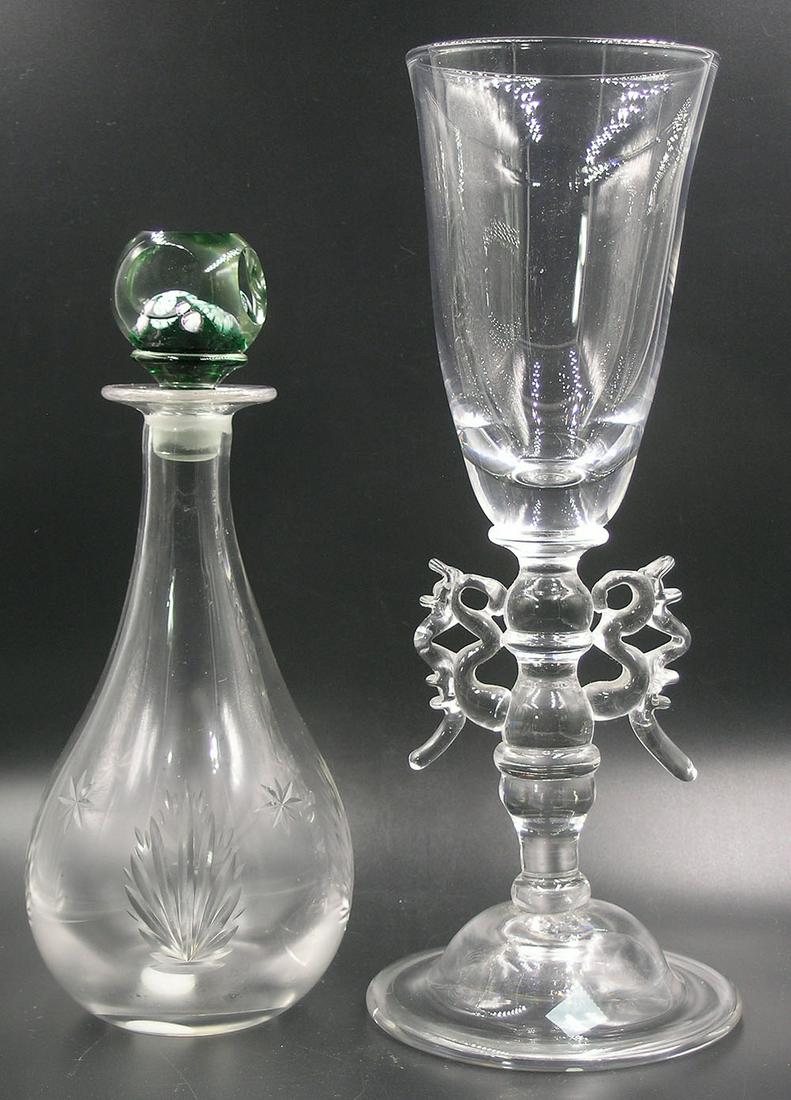 TWO PAIRPOINT GLASS BARWARE ITEMS: both colorless glass, comprising a Chalice with a shaped stem, unfinished pontil, 3 5/8" dia., 11 1/4" high, and a cut glass Bitters Bottle, having fan and star decoration and a millefiori stopper, 4"