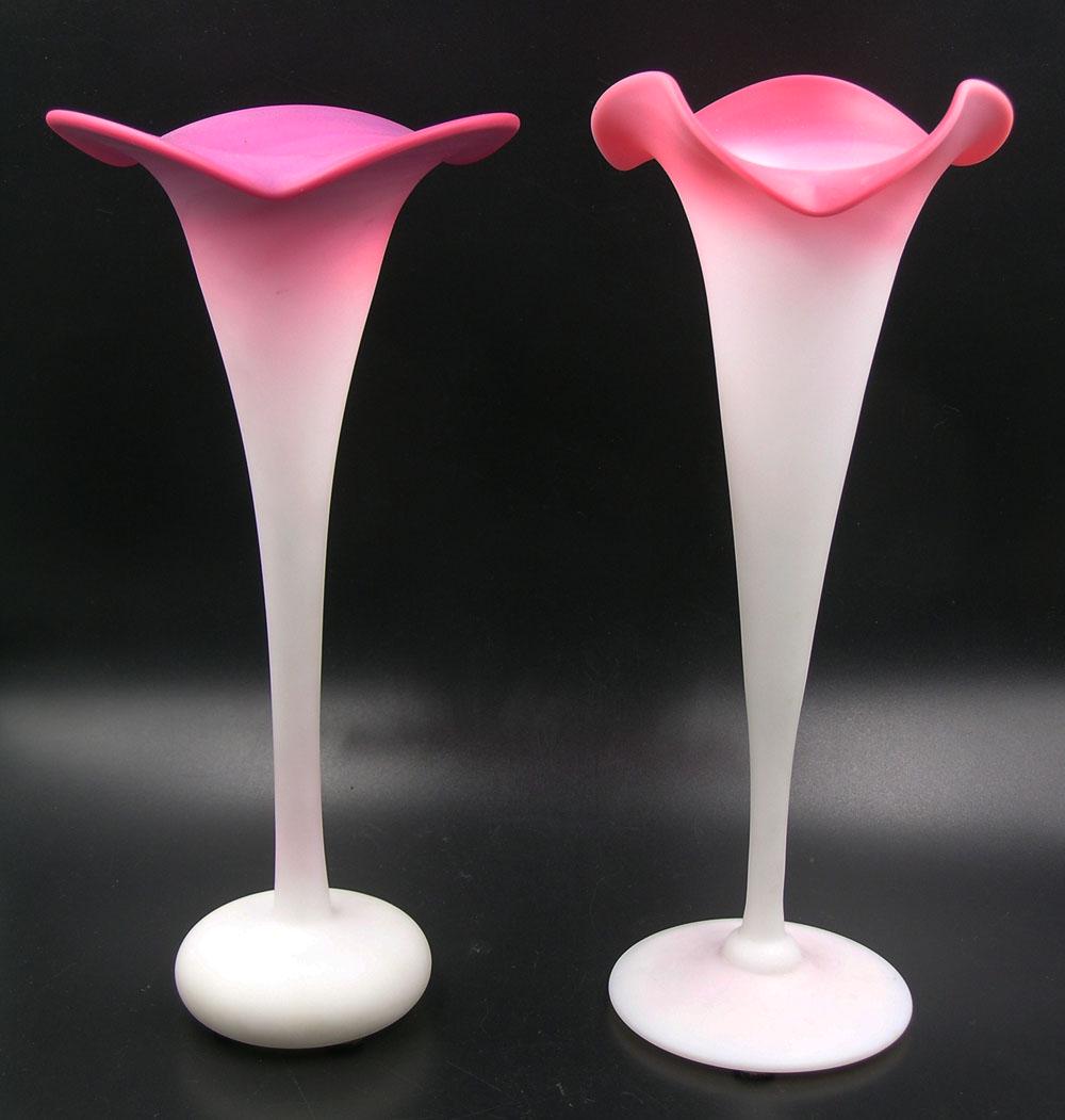 TWO PAIRPOINT PEACHBLOW GLASS LILY VASES: both having matte finish, one having a squat ball form base, the tallest being 9 3/4" high. Provenance: Both formerly from the F. and P. Rindge Collection