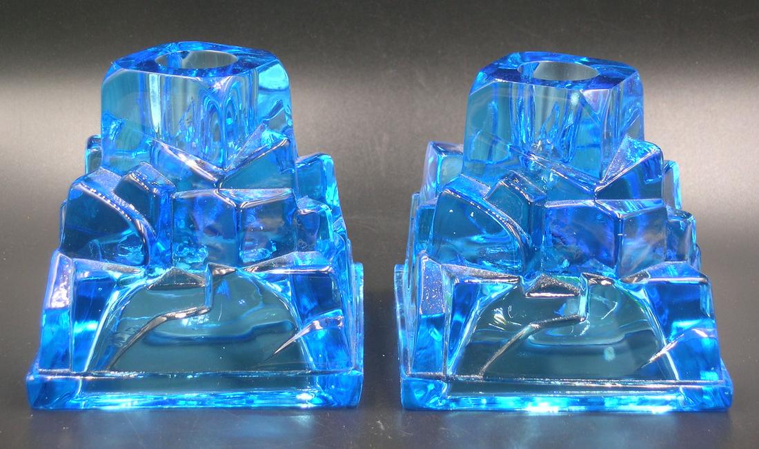 PAIR OF GUNDERSEN PAIRPOINT GLASS WATERFALL CANDLE: Marina blue, 3 1/2" sq., 3 3/8" high