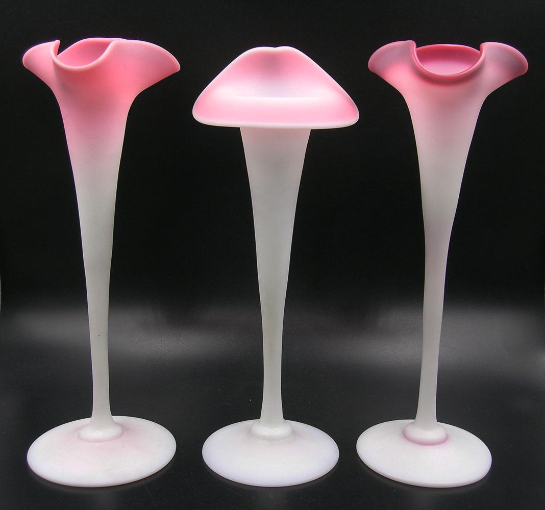 THREE PAIRPOINT PEACHBLOW GLASS VASES: one Jack-In-The-Pulpit, and two Lily, all having matte finish, the tallest being 9 3/8", all having unfinished pontils