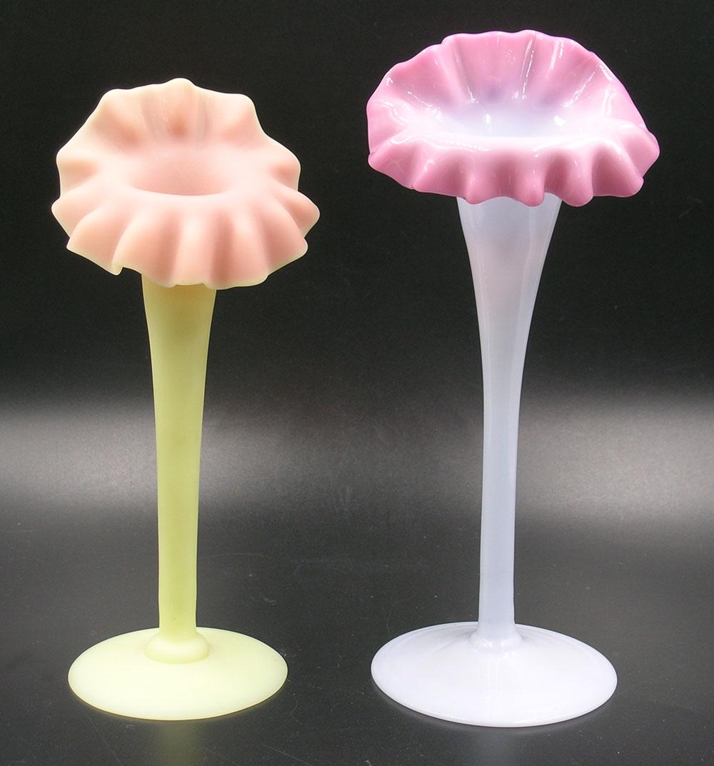 TWO SMALL MT. WASHINGTON/PAIRPOINT GLASS: both having ruffled rims, one Burmese, 6 3/4" high, and one peachblow, 7 3/4" high