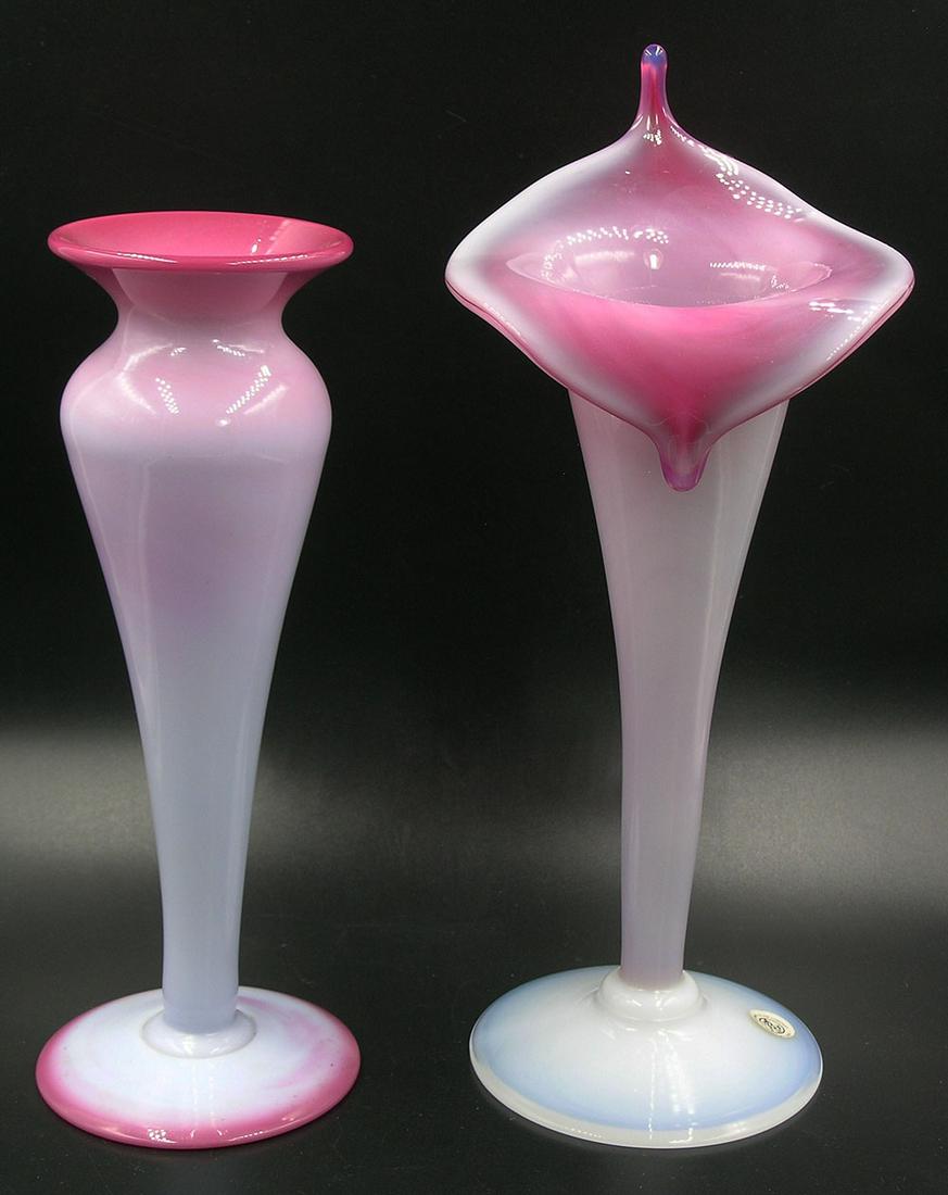 TWO PAIRPOINT PEACHBLOW GLASS VASES: comprising a Jack-In-The-Pulpit, 9 3/4" high, and a shouldered tapering vase, 8 1/4" high, both having unfinished pontils