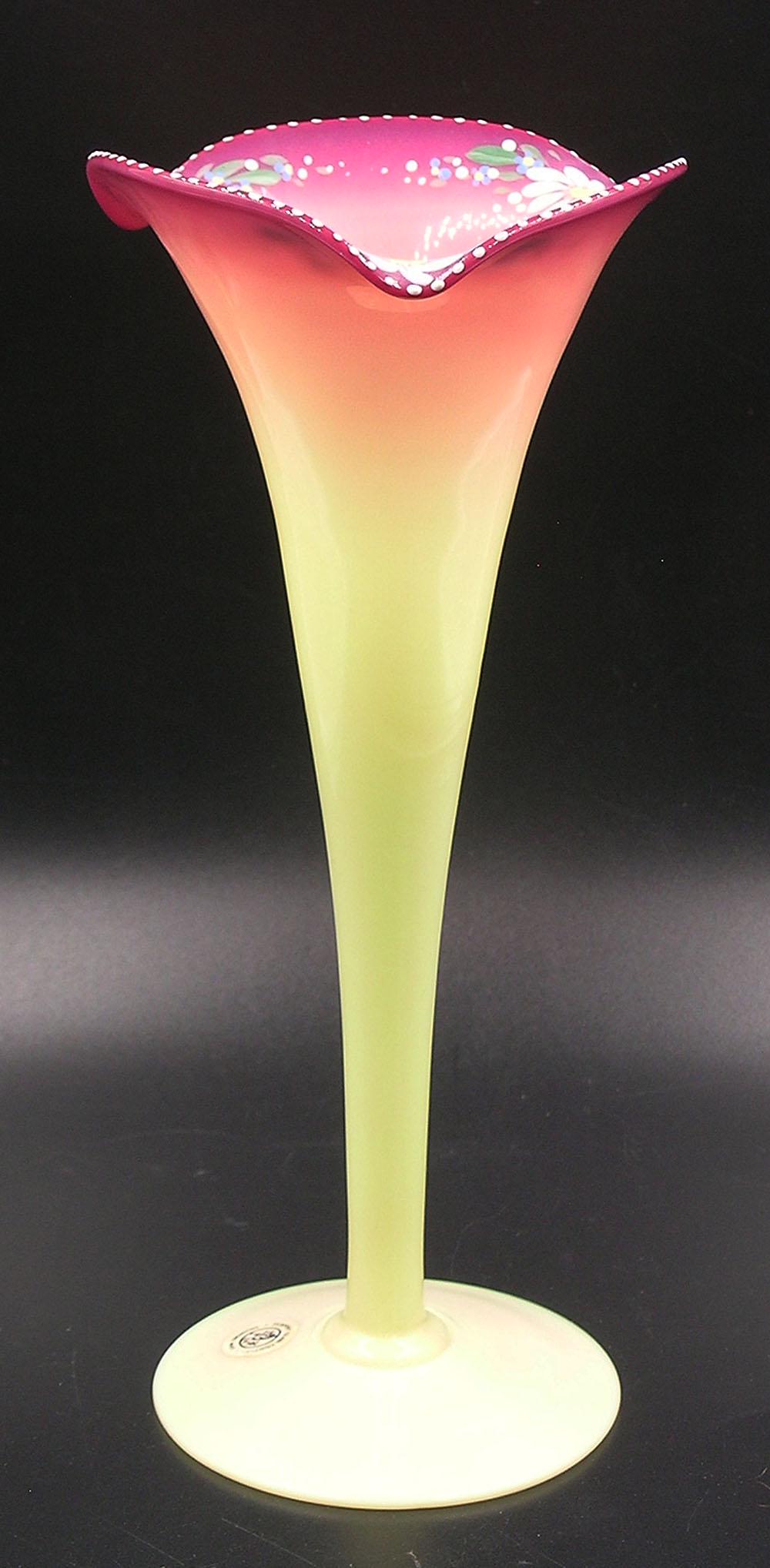 BRYDEN PAIRPOINT BURMESE GLASS LILY VASE: gloss finish, having hand decorated with Daisies and leaves, beaded rim, 8" high, unfinished pontil