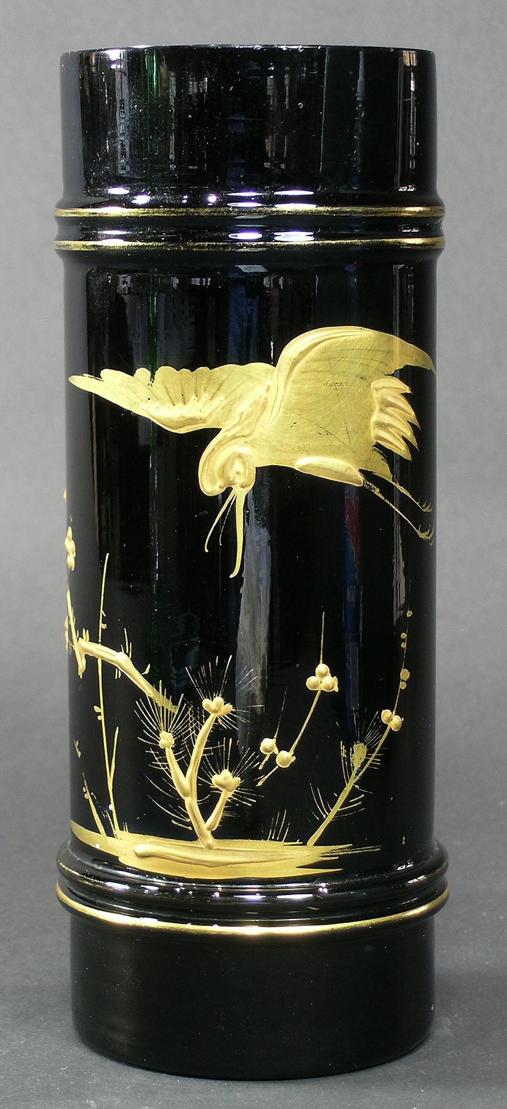 DECORATED OPAL RING GLASS VASE: opaque black with gilt enamel-decoration depicting a heron flying over flowering branches, 8" high