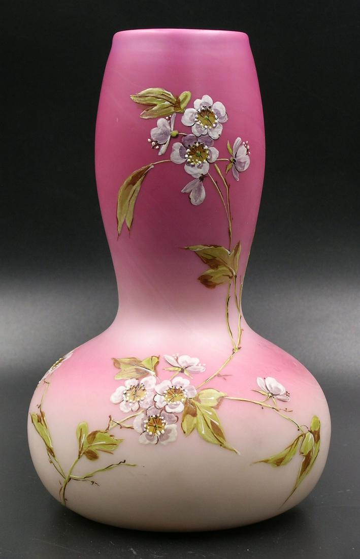 NEW ENGLAND PEACHBLOW GLASS BULBOUS VASE: matte finish, having hand painted enamel flowering branch decoration, polished pontil, 3 3/4" dia., 5 3/4" dia.