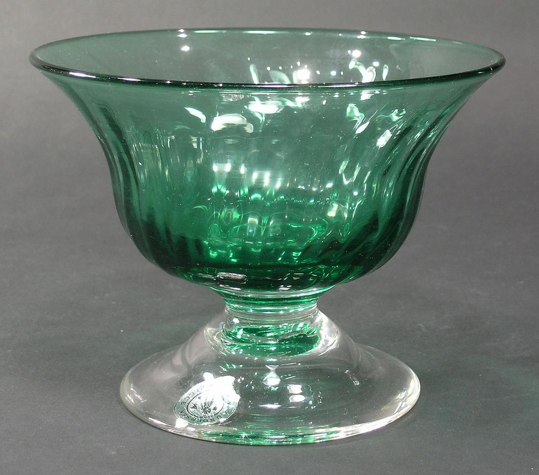 GUNDERSEN MASTERPIECE GLASS FRUIT BOWL: aqua green ribbed bowl over a colorless glass domed base, 6 1/2" dia., 5" high, having original silver label