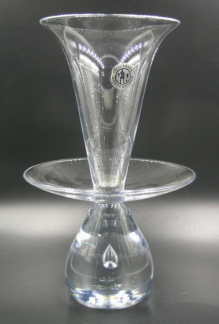 GUNDERSEN MASTERPIECE GLASS TRUMPET FORM VASE: colorless glass, having a trumpet form vase, over an extended collar, raised on a teardrop shaped ball base having an internal teardrop shaped air bubble, 6" dia. at collar, polished pontil, 10" high,