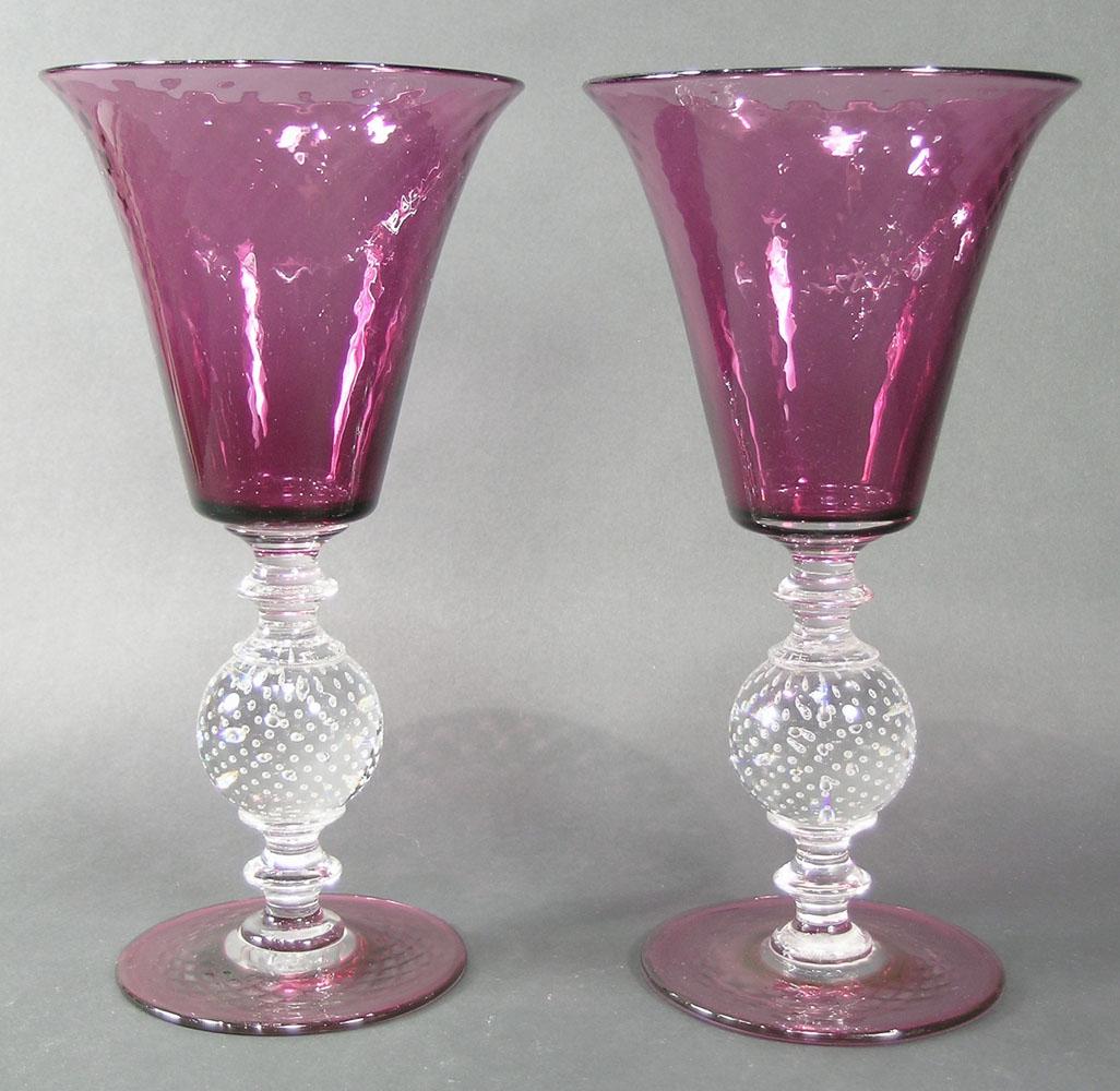 PAIR OF GUNDERSEN MASTERPIECE GLASS VASES: Vase #B-1083, quilted Amethyst, having colorless glass ball with controlled air bubbles standards, polished pontils, 6 1/4" dia., 11 3/4" high, one having original silver label