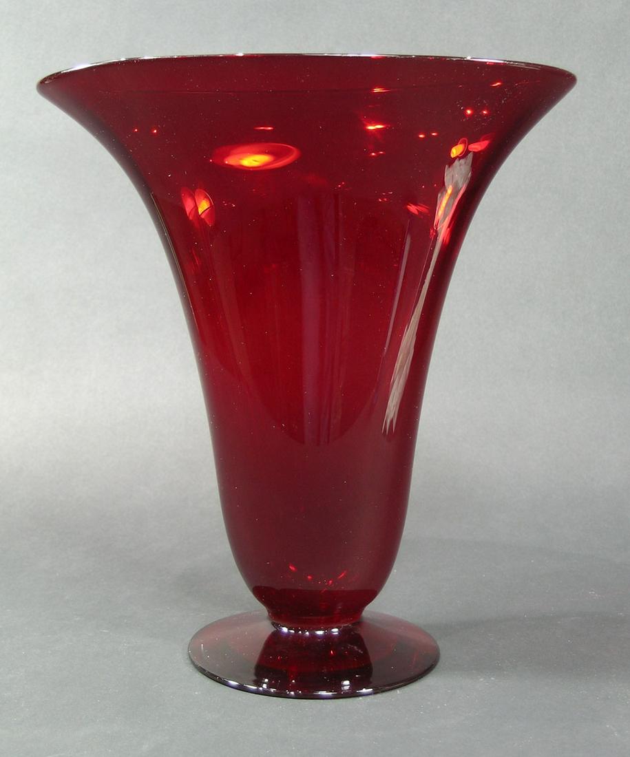 PAIRPOINT RUBY GLASS VASE: flaring oval form, footed, polished pontil, 9" x 4 3/4" x 10" high
