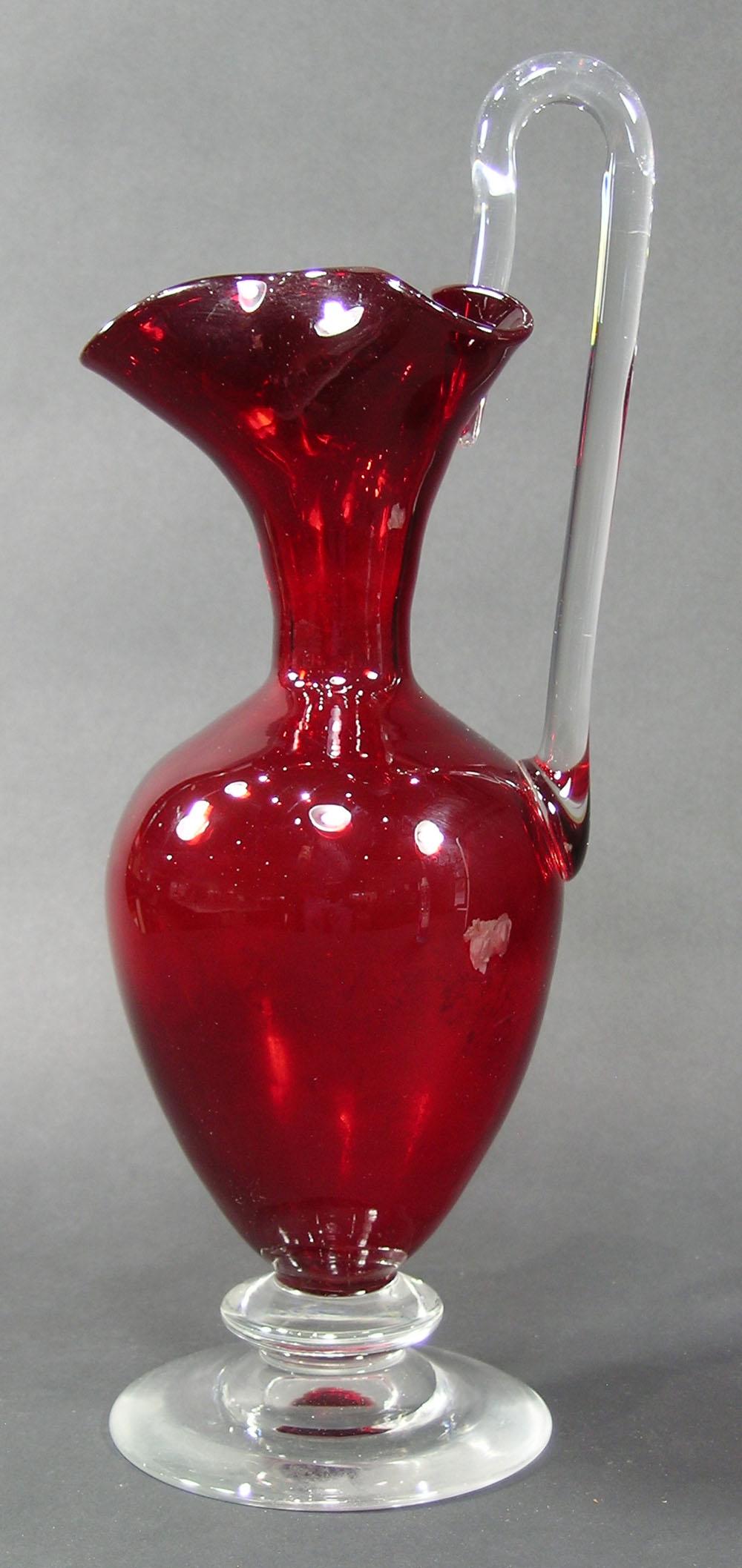 PAIRPOINT RUBY GLASS EWER VASE: with pinched three section spout, colorless handle and base, polished pontil, 14" high to top of handle