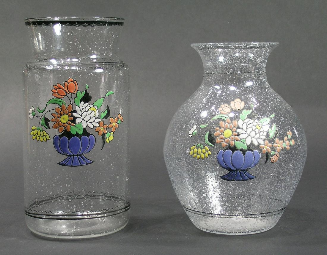 TWO PAIRPOINT TAVERN GLASS VASES: colorless glass, both having floral decoration one bulbous, 4 1/4" dia., 6" high, and one cylindrical, 3 1/2" dia., 6 3/4" high, both with polished pontils